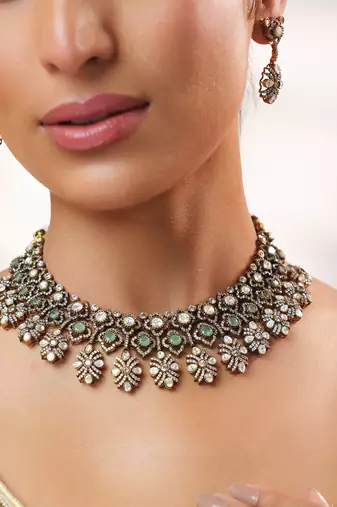 Two tone Plated kundan turquoise stones necklace set