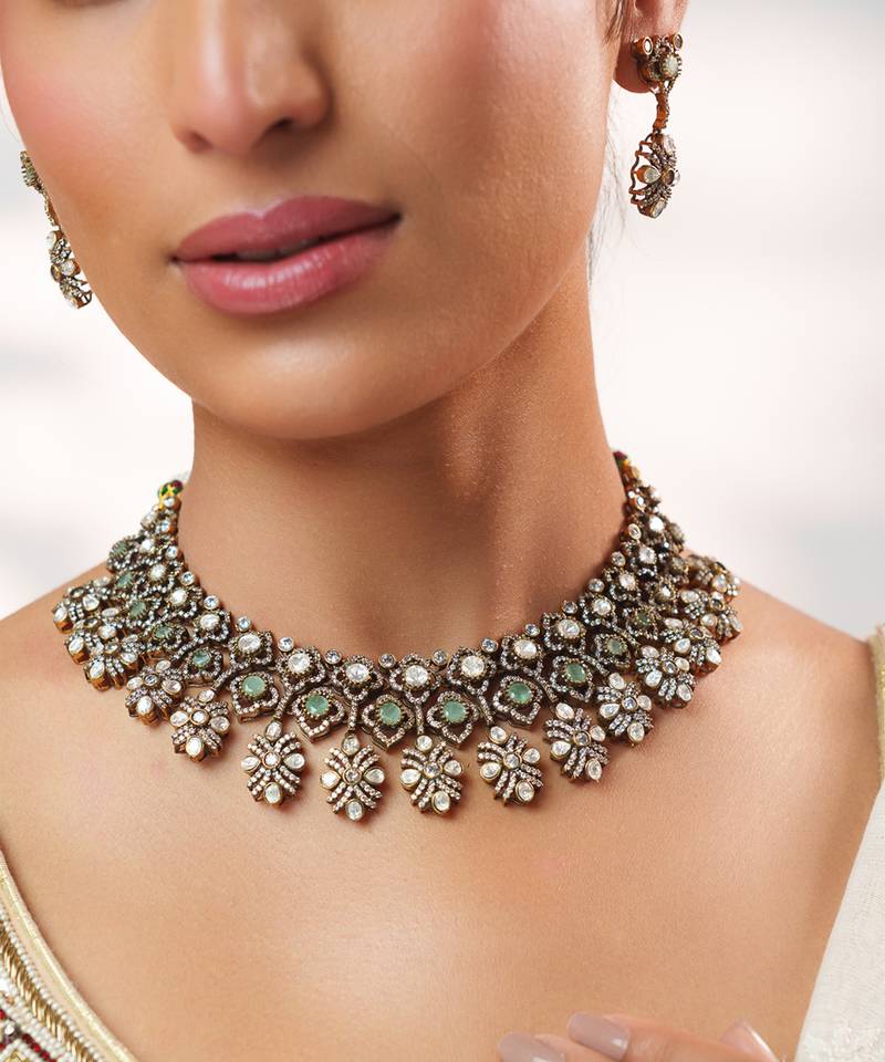 Two tone Plated kundan turquoise stones necklace set