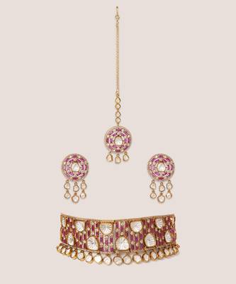 GOld Plated kundan pink stone choker necklace set 1