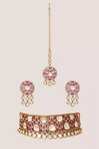 GOld Plated kundan pink stone choker necklace set