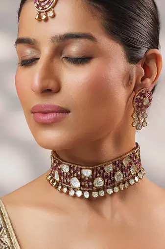 GOld Plated kundan pink stone choker necklace set