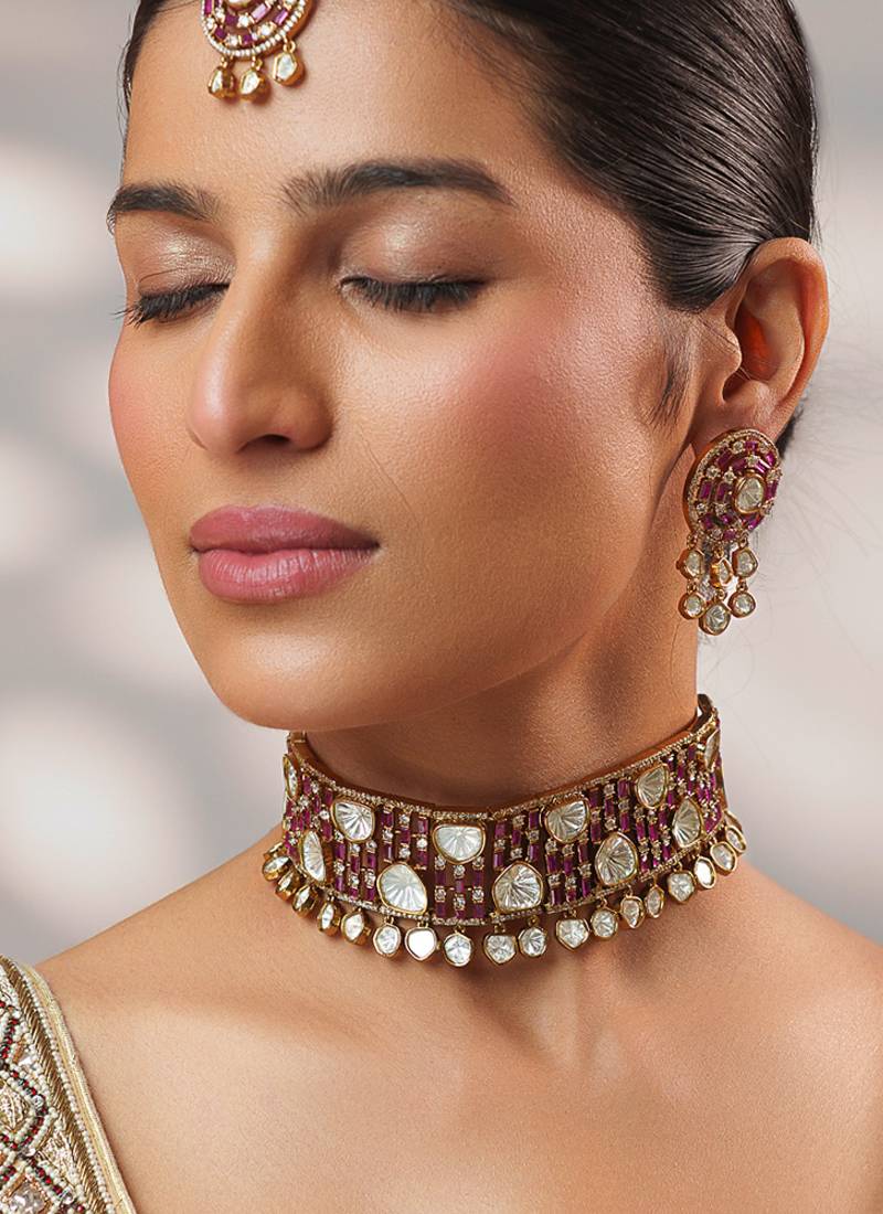 GOld Plated kundan pink stone choker necklace set