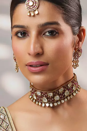 GOld Plated kundan pink stone choker necklace set