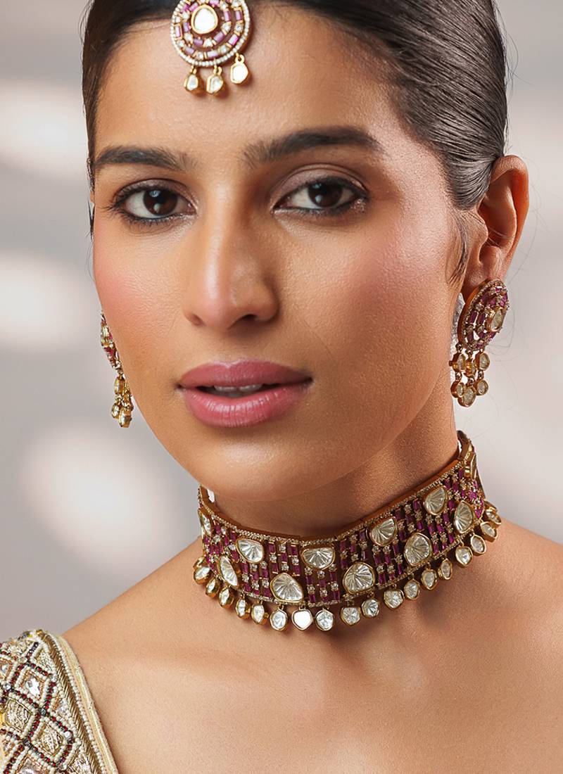 GOld Plated kundan pink stone choker necklace set