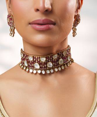 GOld Plated kundan pink stone choker necklace set 4