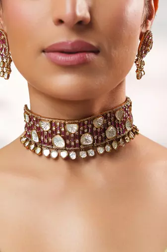 GOld Plated kundan pink stone choker necklace set