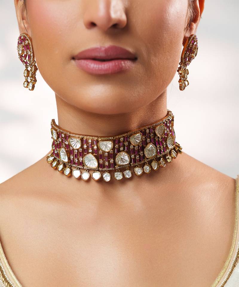 GOld Plated kundan pink stone choker necklace set