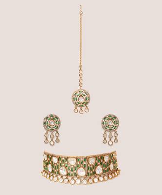 Two tone Plated kundan green stones choker necklace set 1
