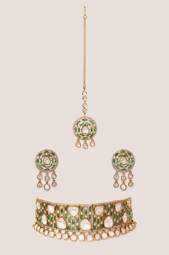 Two tone Plated kundan green stones choker necklace set