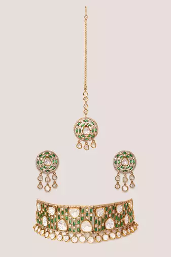 Two tone Plated kundan green stones choker necklace set