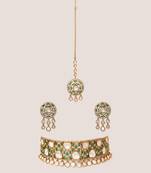 Two tone Plated kundan green stones choker necklace set