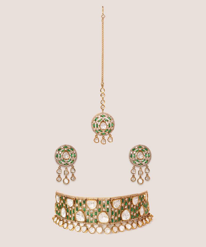 Two tone Plated kundan green stones choker necklace set