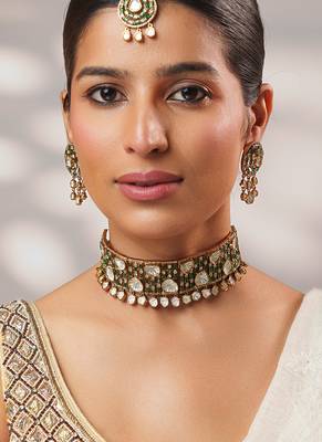Two tone Plated kundan green stones choker necklace set 2