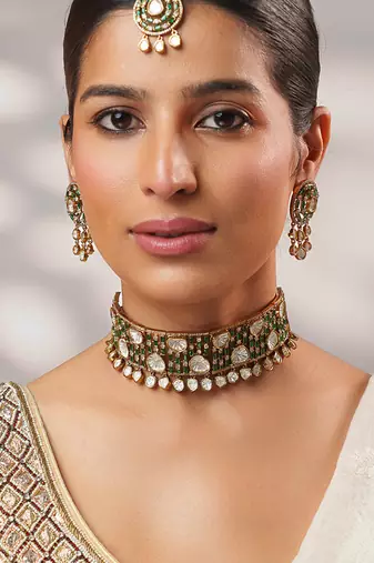 Two tone Plated kundan green stones choker necklace set