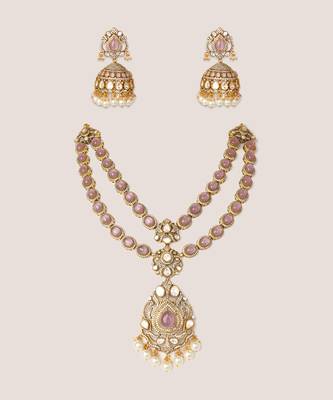 Two tone Plated kundan pink stones necklace set 1