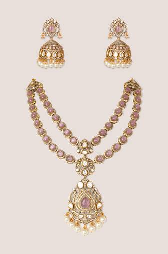 Two tone Plated kundan pink stones necklace set