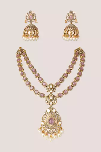 Two tone Plated kundan pink stones necklace set