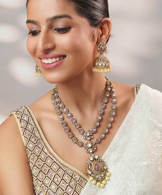Two tone Plated kundan pink stones necklace set 2