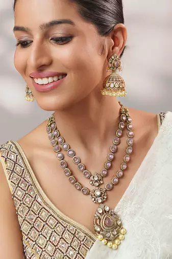 Two tone Plated kundan pink stones necklace set