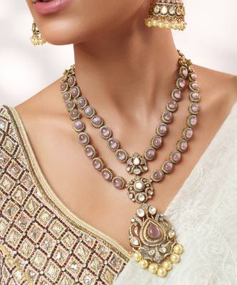 Two tone Plated kundan pink stones necklace set 3