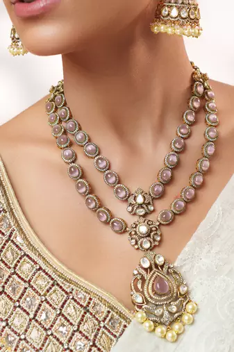 Two tone Plated kundan pink stones necklace set