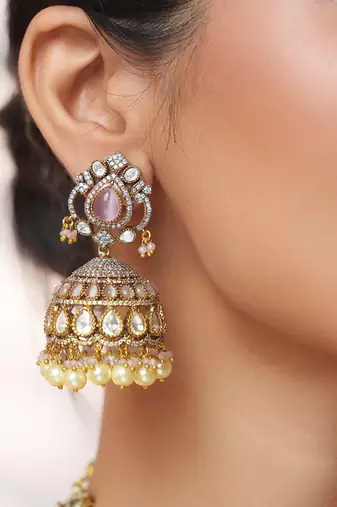 Two tone Plated kundan pink stones necklace set