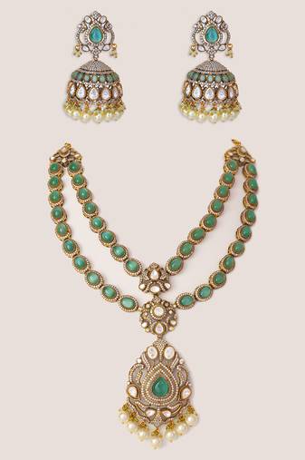Two tone Plated kundan green stones necklace set
