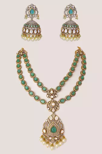 Two tone Plated kundan green stones necklace set