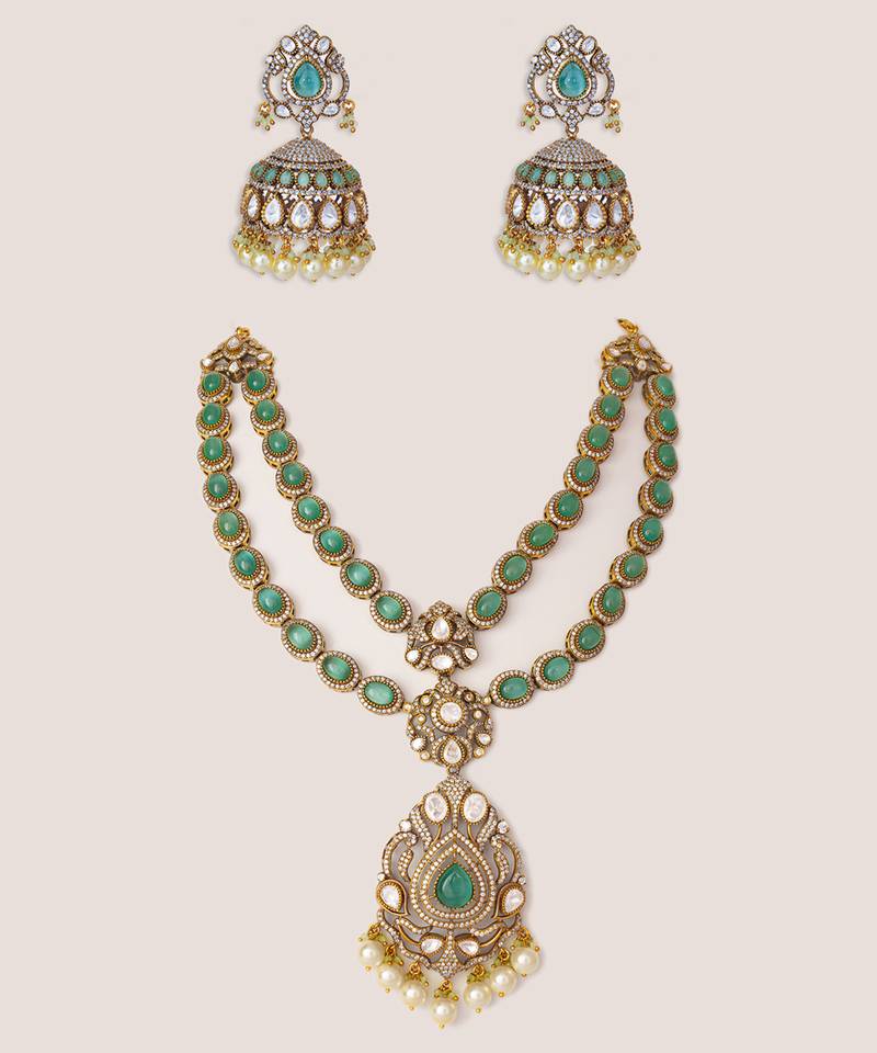Two tone Plated kundan green stones necklace set