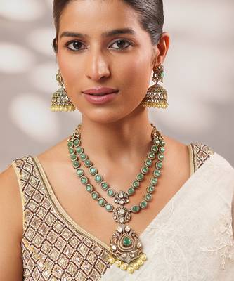 Two tone Plated kundan green stones necklace set 2