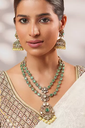 Two tone Plated kundan green stones necklace set