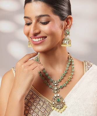 Two tone Plated kundan green stones necklace set 3