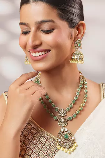 Two tone Plated kundan green stones necklace set