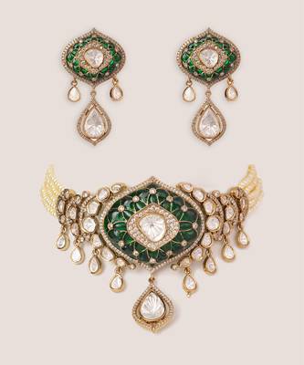 Two tone Plated kundan green stones choker necklace set 1