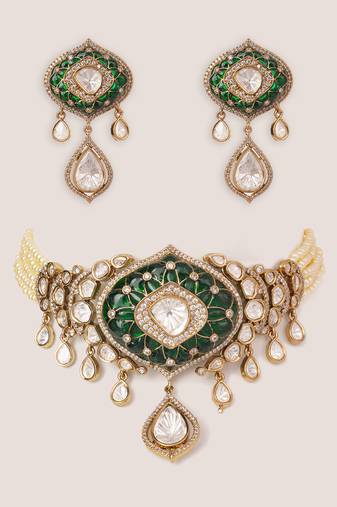 Two tone Plated kundan green stones choker necklace set