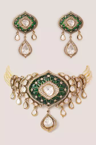 Two tone Plated kundan green stones choker necklace set