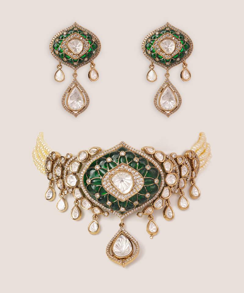 Two tone Plated kundan green stones choker necklace set