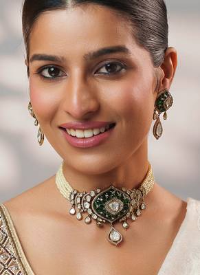 Two tone Plated kundan green stones choker necklace set 2