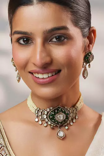 Two tone Plated kundan green stones choker necklace set