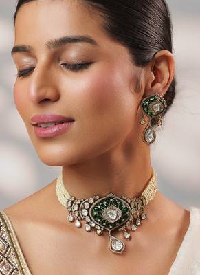 Two tone Plated kundan green stones choker necklace set 3