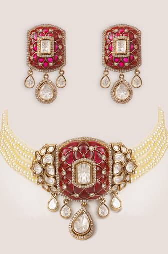 Two tone Plated kundan pink stones choker necklace set