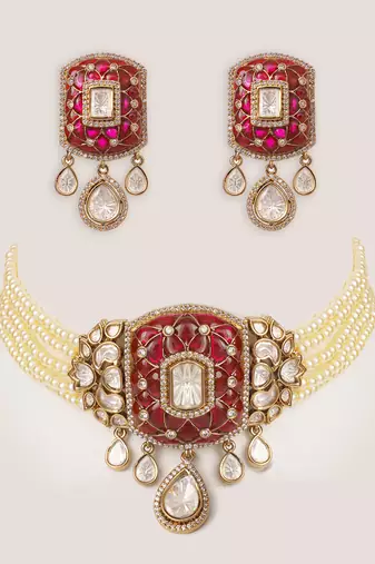 Two tone Plated kundan pink stones choker necklace set