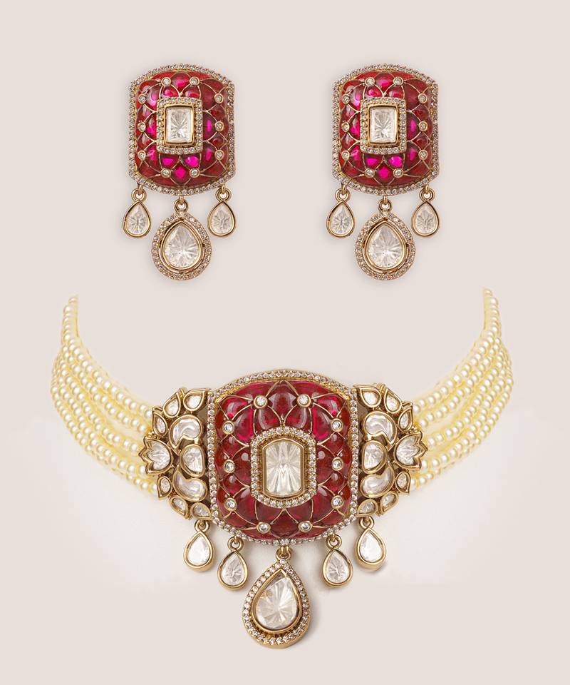 Two tone Plated kundan pink stones choker necklace set