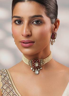 Two tone Plated kundan pink stones choker necklace set 2