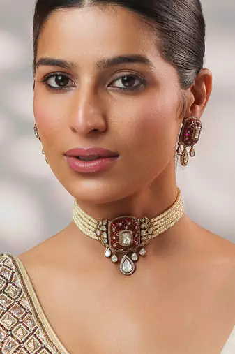Two tone Plated kundan pink stones choker necklace set