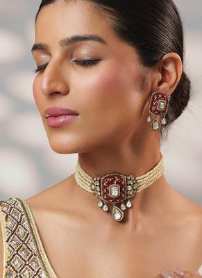 Two tone Plated kundan pink stones choker necklace set 3