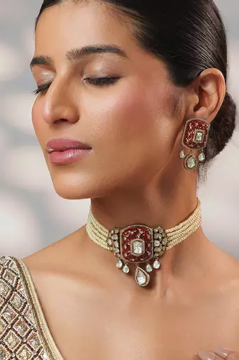 Two tone Plated kundan pink stones choker necklace set