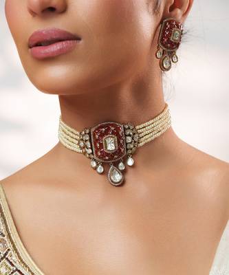 Two tone Plated kundan pink stones choker necklace set 4