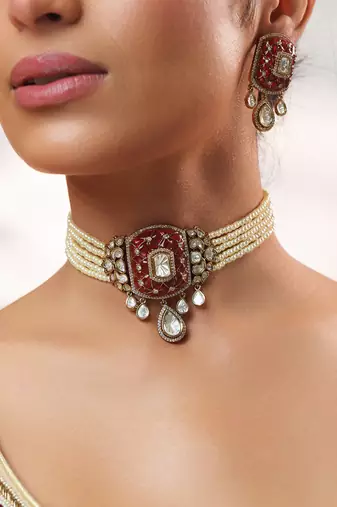 Two tone Plated kundan pink stones choker necklace set