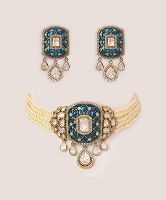 Two tone Plated kundan blue stone choker necklace set 1